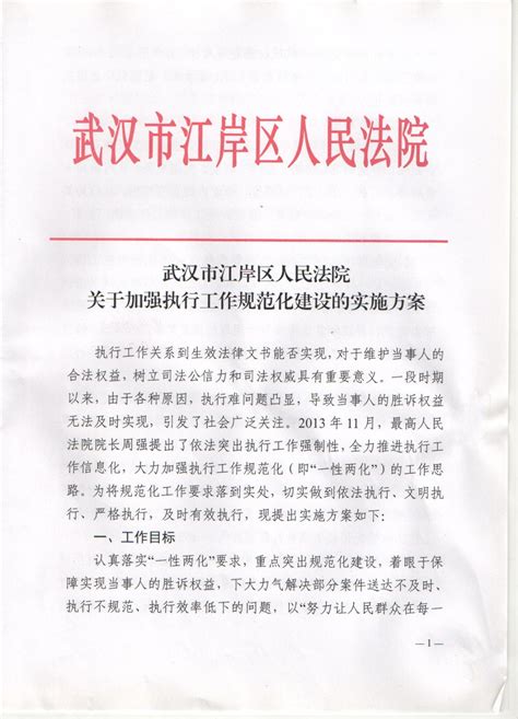 武汉市江岸区人民法院关于加强执行工作规范化建设的实施方案
