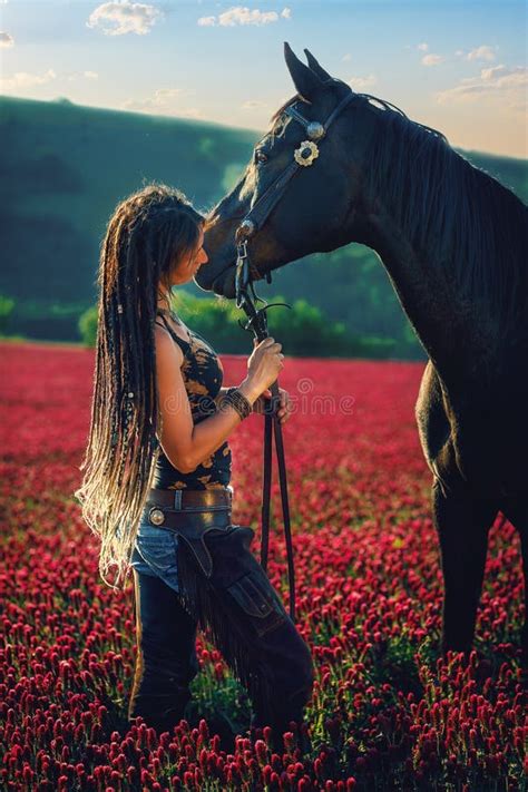 Beautiful Young Woman with Horse Outdoor on a Walk in Nature Stock ...