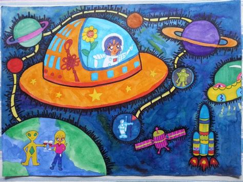 手绘儿童科幻画 翱翔宇宙 航天画报 幼儿园小学生主题画！