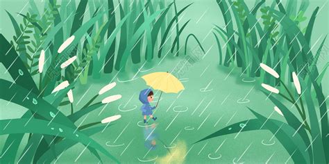 绿色清新唯美春天惊蛰郊外下雨小孩打伞插画图片素材免费下载 - 觅知网