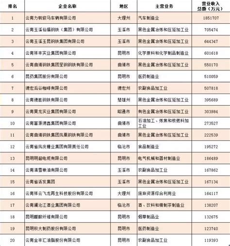 2017年云南制造业企业20强排行榜