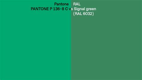 Pantone P 136-8 C vs RAL Signal green (RAL 6032) side by side comparison