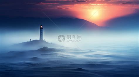 夕阳下海上迷雾中的灯塔插画图片下载-正版图片402503227-摄图网