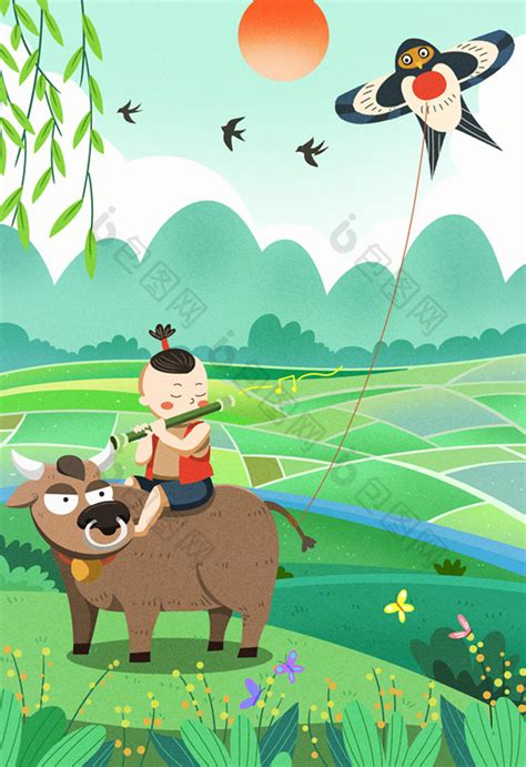 清明节放牛的牧童插画图片-包图网