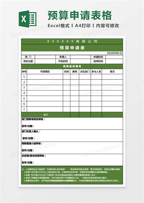 预算申请表格Excel模板下载_熊猫办公