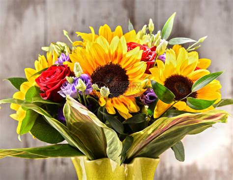 包括向日葵和玫瑰在内的花束组成高清图片下载-正版图片503636560-摄图网
