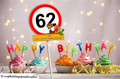 62. Geburtstag Geburtstagswünsche mit Schild und Alter auf Karte ...