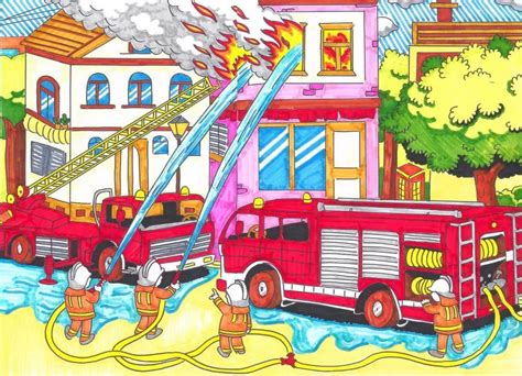 消防员灭火简笔画 消防绘画 - 水彩迷