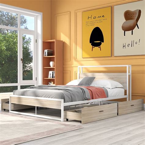 Queen Size Metal Platform Bed Frame with Four Drawers,Sockets and USB ...
