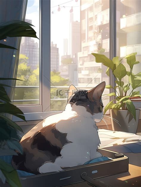 宠物猫趴在窗台等主人回家11插画图片-千库网