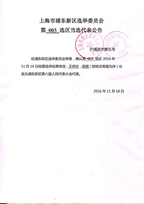 上海浦东新区选举委员会第003选区当选代表公告