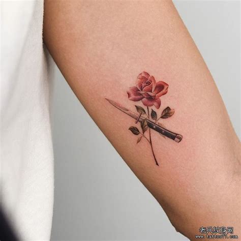 大臂彩色匕首玫瑰花纹身图案