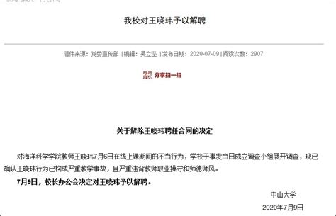 中山大学教师王晓玮被解聘：行为构成严重教学事故
