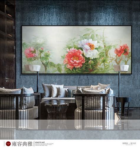 新中式装饰画牡丹油画工笔写意挂画客厅沙发背景大幅壁画卧室床头-艺术喷绘-2021美间（软装设计采购助手）