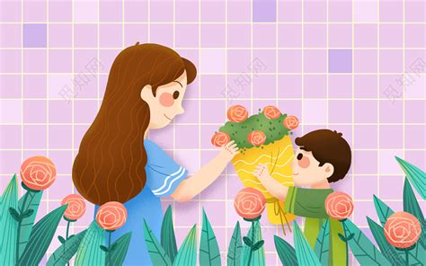 手绘母亲节给妈妈送花的小男孩原创海报插画图片素材免费下载 - 觅知网