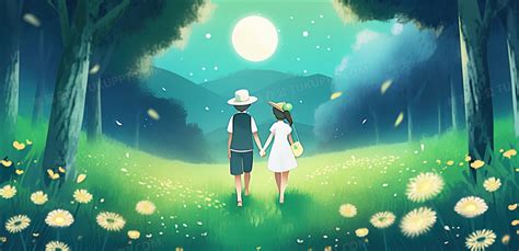 梦幻的春天一对热恋情侣在散步创意插画图片素材下载_jpg格式_熊猫办公