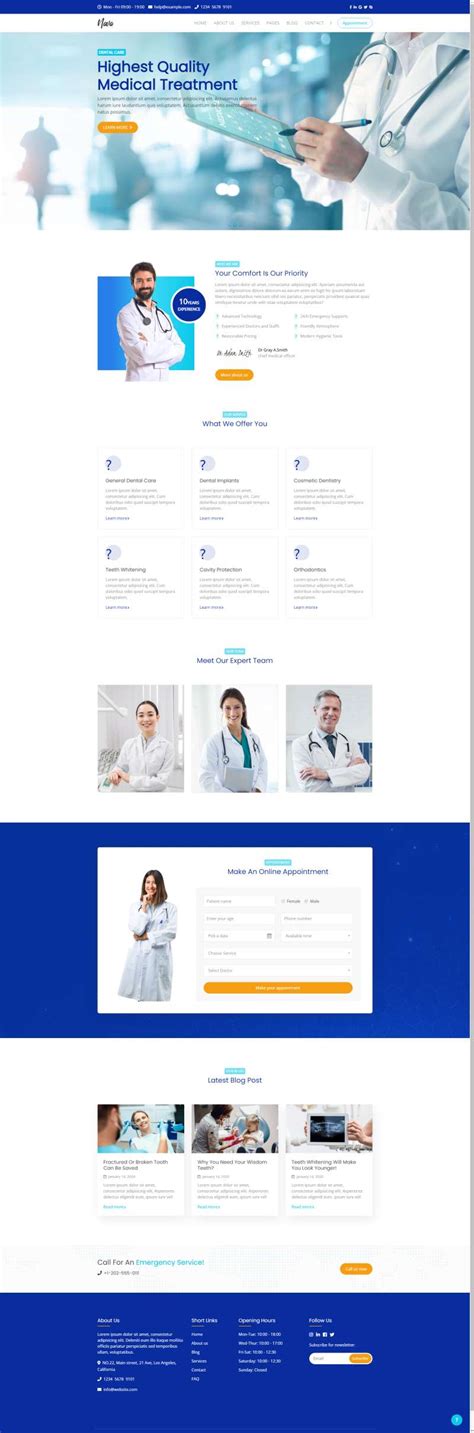 医院网页制作，蓝色医疗诊所网页设计模板-17素材网