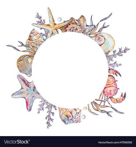 Round frame of watercolor seashells Royalty Free Vector