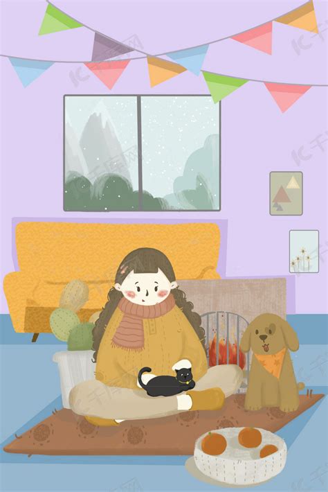 十一月你好女孩保暖在家手绘插画风海报背景图片免费下载-千库网
