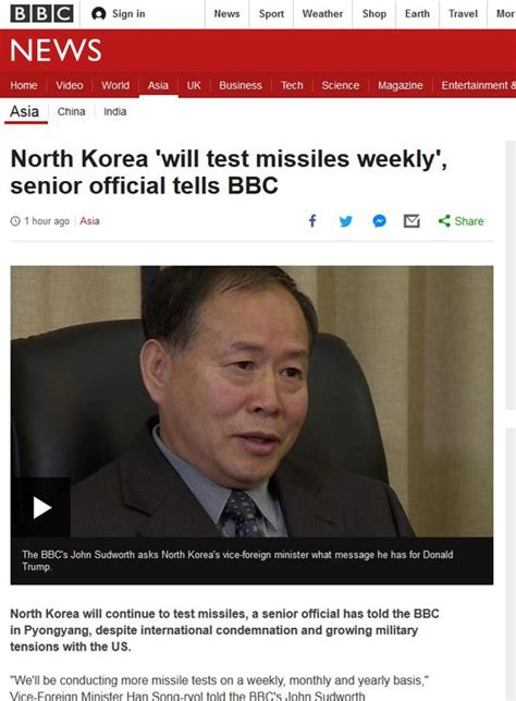 朝鲜副外相:朝鲜每周每月每年都将测试导弹_手机新浪网