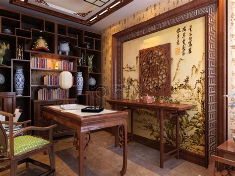 陕西汉中古典中式风格装修效果图，中式书房设计_紫云轩中式设计图库