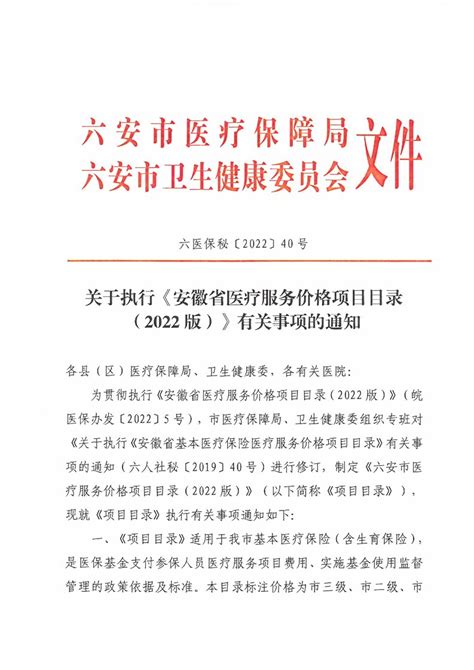六安市关于执行《安徽省医疗服务价格项目目录（2022版）》有关事项的通知