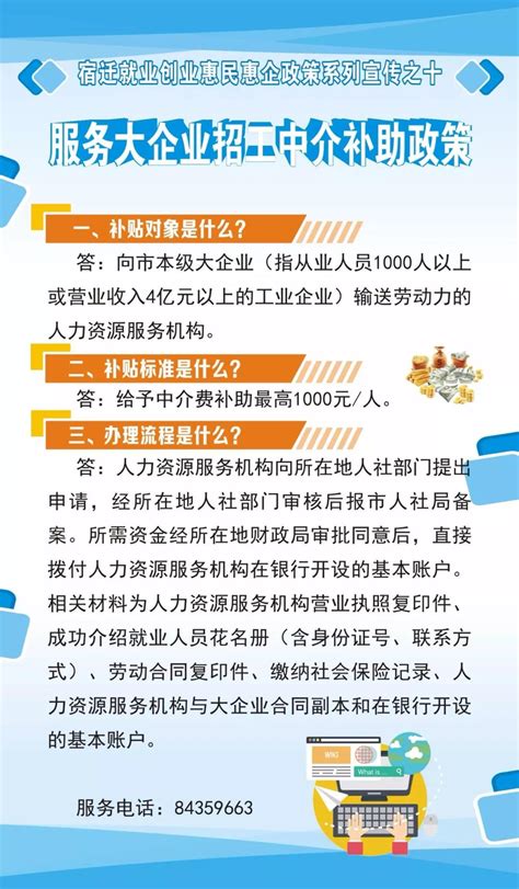 【宿迁市就业创业惠民惠企政策系列宣传之十】：服务大企业招工中介补助政策-宿迁市人力资源和社会保障局