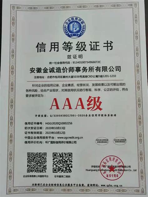 AAA信用等级证书--资质荣誉--走进金城--安徽金之诚工程管理有限公司