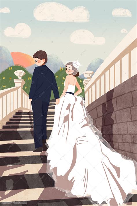 情人节情侣结婚婚纱照风景卡通人物插画图片-千库网