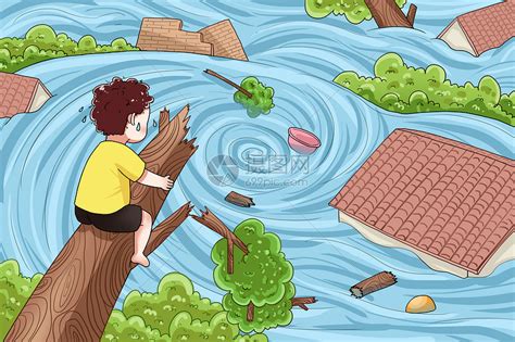 洪水中爬在树上的小孩插画图片下载-正版图片401756935-摄图网