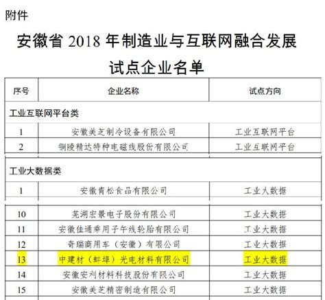 蚌埠光电荣获“安徽省2018年制造业与互联网融合发展试点企业”称号 - 中建材（蚌埠）光电材料有限公司