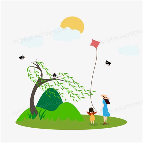 放风筝：妈妈带兄妹俩放风筝，小花和乐乐比赛谁飞的高，真好玩