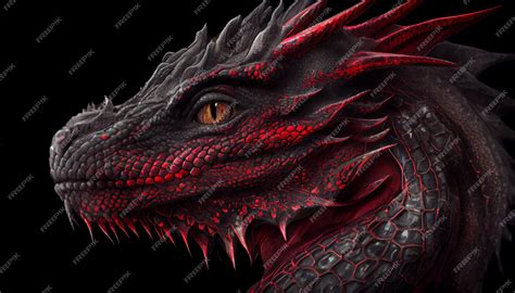 Primer plano de cabeza de dragón negro y rojo sobre un fondo negro ...