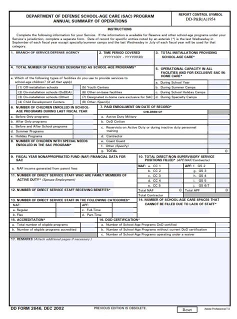 Fillable Dd Form 2646 - Department Of Defense School-Age Care (Sac ...