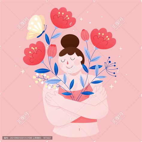 拥抱自己的身体扁平概念插图,女子与花朵,设计模板,汇图网www.huitu.com