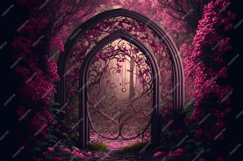 Premium Photo | Elegant portal in floral arch on pink fairy tale forest ...