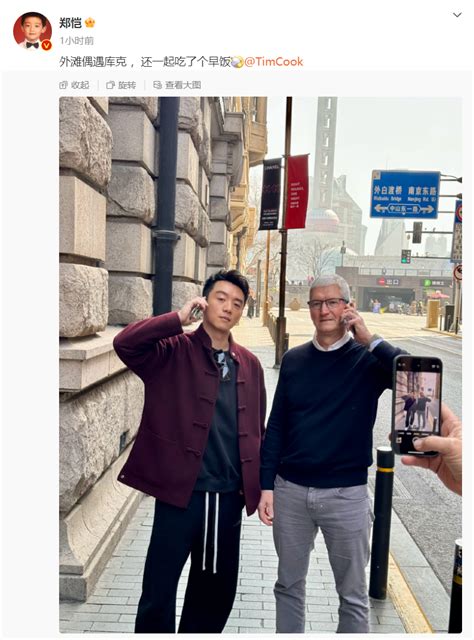 苹果CEO库克现身上海“偶遇”郑恺，为明日开幕的“Apple” 静安店造势 - 牛新网