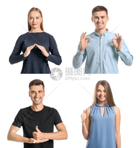 聋哑人在白色背景下使用手语高清图片下载-正版图片504088983-摄图网