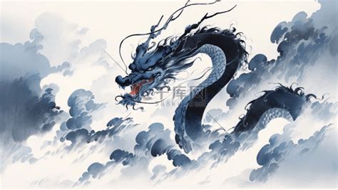 腾云驾雾的中国龙水墨风插画图片-千库网