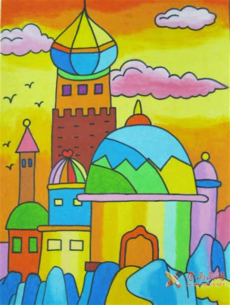 儿童画城堡，城堡油画棒作品-露西学画画