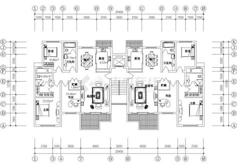 昆明市某高层住宅楼1梯2户标准层平面设计CAD图纸（每户三室两厅）_住宅小区_土木在线