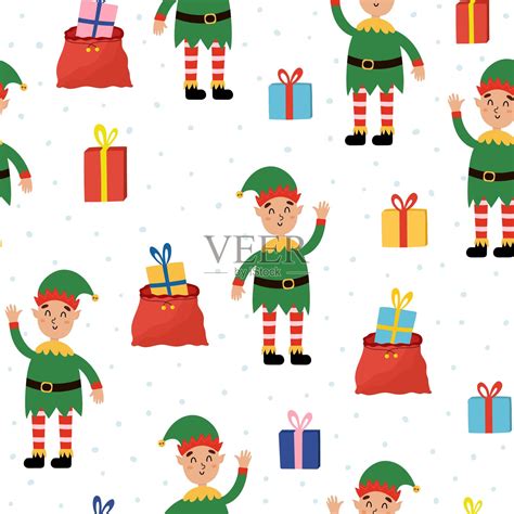 可爱快乐的小精灵与圣诞礼物无缝衔接插画图片素材_ID:433866603-Veer图库