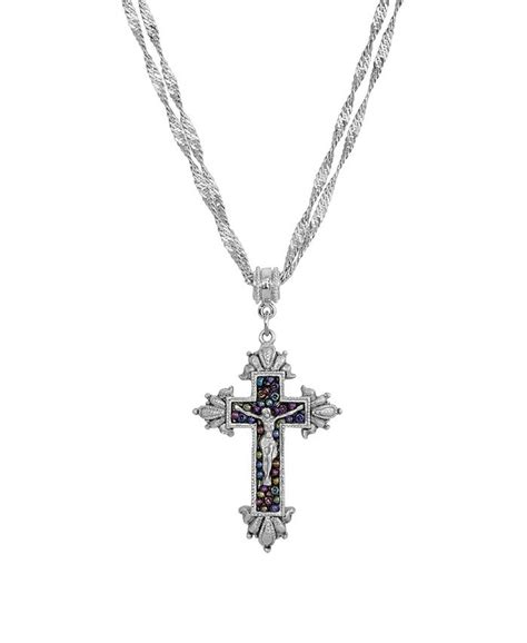 Symbols of Faith Pewter Crucifix with Purple Seeded Beads Necklace - Macy