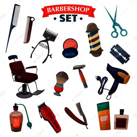 理发店卡通套装，配有椅子、剃须和理发的专业配件、香水隔离矢量插图。素材图片免费下载-千库网
