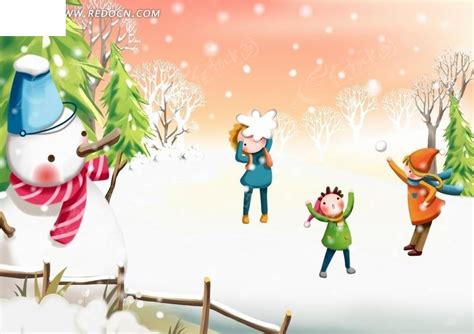 雪地上玩耍的小孩和雪人卡通人物插画PSD素材免费下载_红动中国
