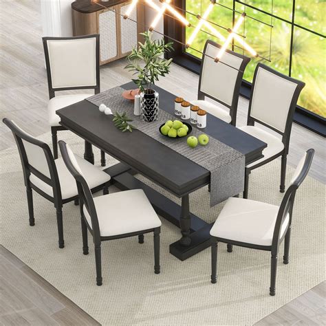 7-Pc Retro Wood Dining Table w/ 6 Ergonomic Linen Upholstered Chairs ...
