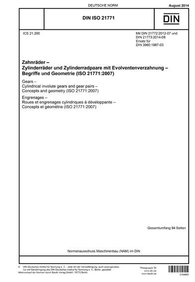 DIN ISO 21771:2014 DE - Zahnräder - Zylinderräder und Zylinderradpaare ...