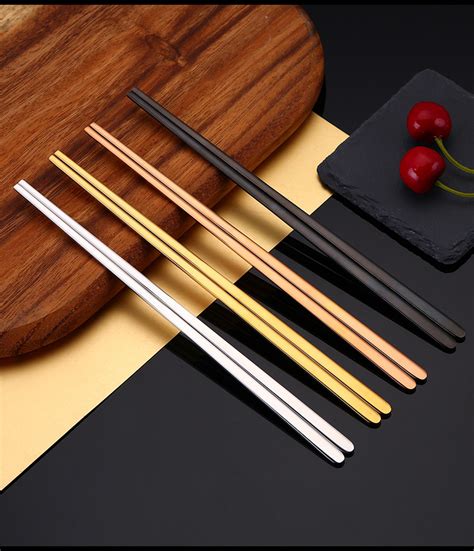 Q304方筷套装不锈钢黑金筷子彩色家用筷金色5双装筷子银色六环筷-阿里巴巴
