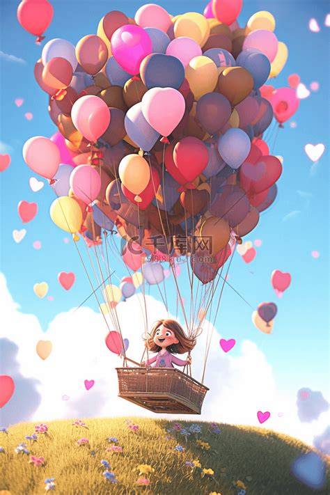 一个小女孩卡通场景3d立体气球插画图片-千库网