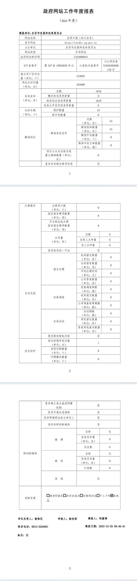 信用中国（四川自贡）政府网站工作年度报表（2023年度）